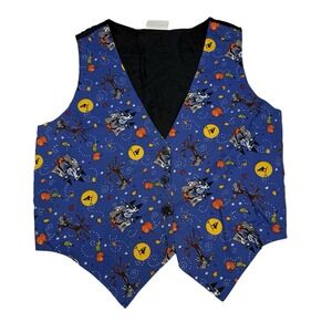 VTG Basic Editions Blue Halloween Print Button Vest Sz XL Black Cat Ghost Witch